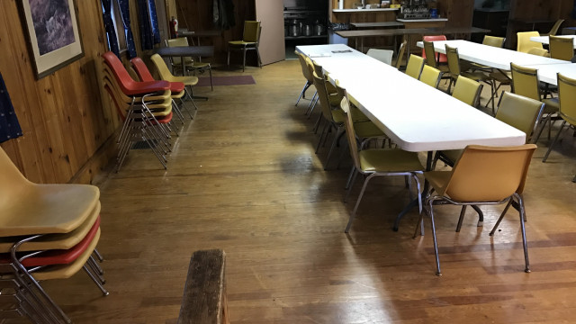 Norco Clubhouse second floor meeting space, kitchen on the left, restroom on the right, rear entrance/handicap entrance on the left